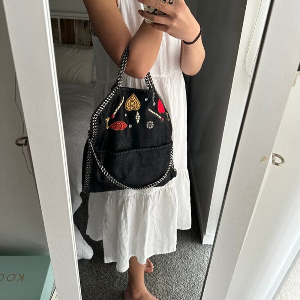 Stella Mccartney Falabella Heart Suede Embellished Tote Handbag Black Bag NEW - Picture 7 of 14